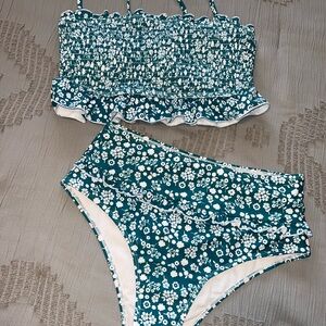 NWOT Floral Ruffle and Smocked Bikini Set in Teal and White